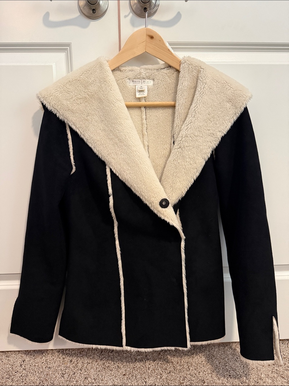 White House Black Market Black Coat with Cream Faux-Shearling Trim